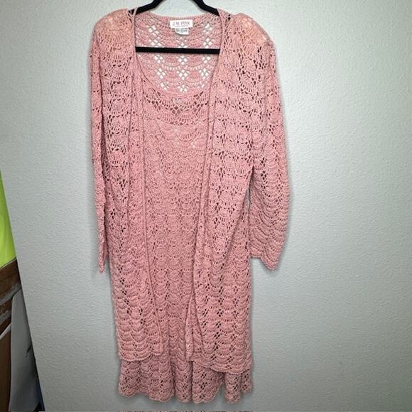 Vintage J.M. Pink Hand Crochet Blush Pink Dress and Cardigan Sz Large - Picture 7 of 16
